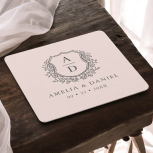 Blush Pink Monogram Wedding Floral Crest Elegant Square Paper Coaster