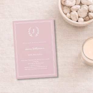Blush pink monogram wreath minimalist birthday invitation
