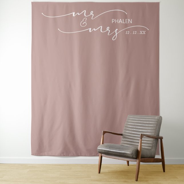 Blush Pink Mr. and Mrs. Wedding Banner Tapestry (In Situ)