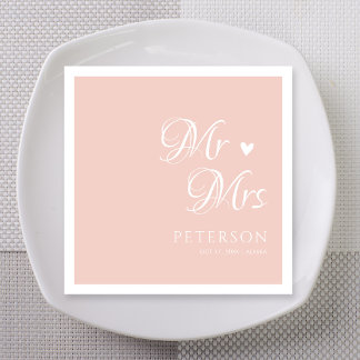 Blush Pink Mr & Mrs Heart Wedding Custom Napkin