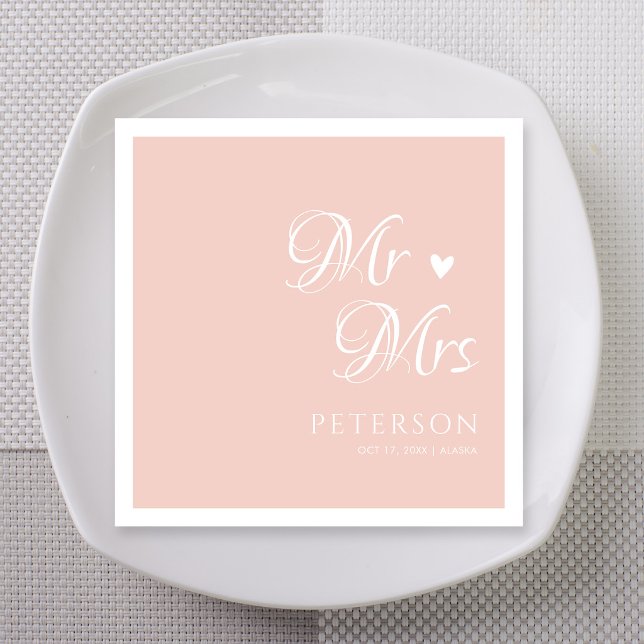 Blush Pink Mr & Mrs Heart Wedding Custom Napkin (Blush pink Mr and Mrs heart wedding custom napkins personalized names elegant cocktail)