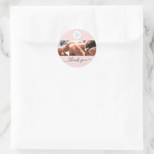 Blush Pink Nails Salon Script Logo Photo Thank You Classic Round Sticker