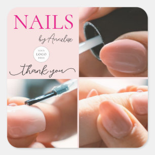 Blush Pink Nails Salon Script Logo Photo Thank You Square Sticker