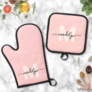 Blush Pink Name Monogram Kitchen Oven Mitt & Pot Holder Set