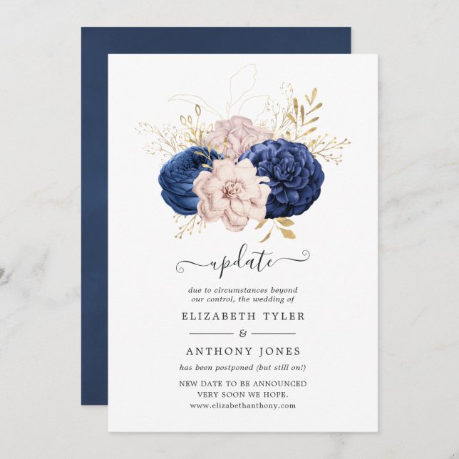 Blush Pink, Navy Blue and Gold Wedding Update Invitation (Front/Back)
