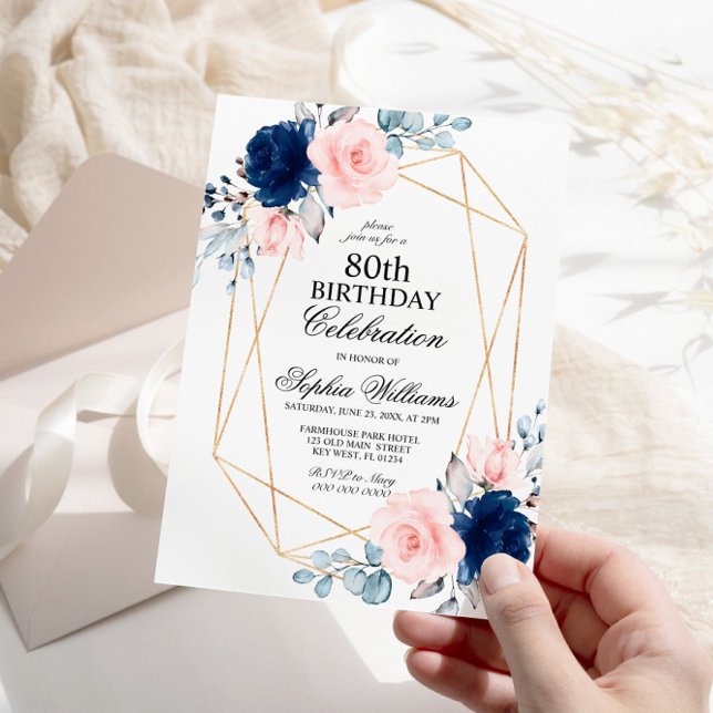 Blush Pink & Navy Blue Floral 80 Birthday Invitation (Creator Uploaded)