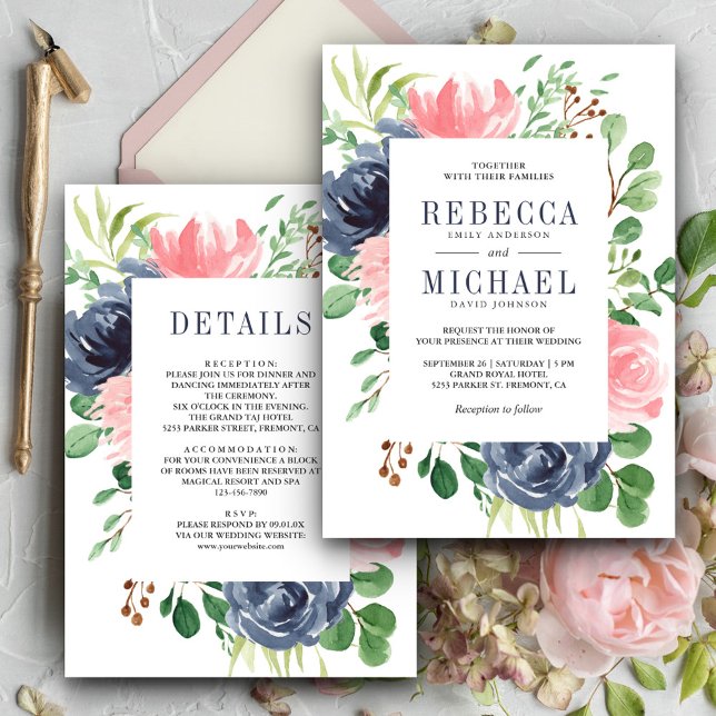 Blush Pink Navy Blue Floral All in One Wedding Invitation (Creator Uploaded)