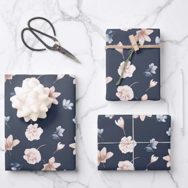 Blush Pink Navy Blue Floral Birthday Baby Shower Wrapping Paper Sheet (Front)
