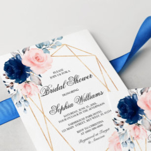 Blush Pink & Navy Blue Floral Bridal Shower Invitation