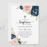 Blush Pink Navy Blue Floral Girl Baptism