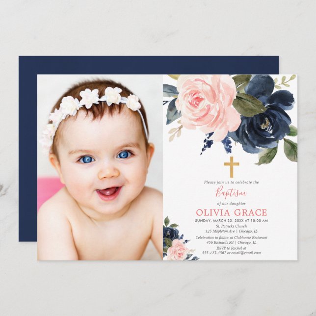 Blush pink navy blue floral girl baptism photo invitation (Front/Back)