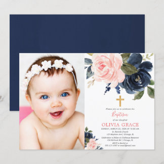 Blush pink navy blue floral girl baptism photo invitation