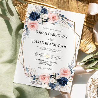 Blush Pink Navy Blue Floral Gold Geometric Wedding Invitation