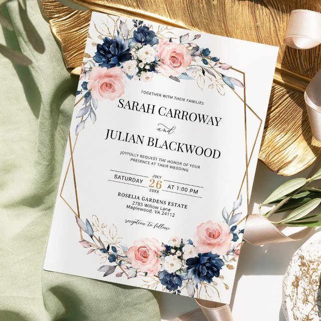 Blush Pink Navy Blue Floral Gold Geometric Wedding Invitation (Creator Uploaded)