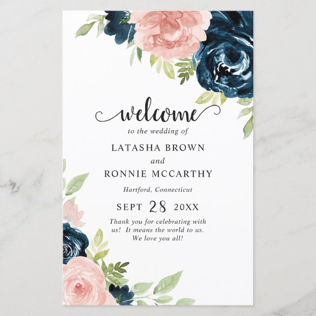 Blush Pink Navy Blue Floral Modern Wedding Program (Front)