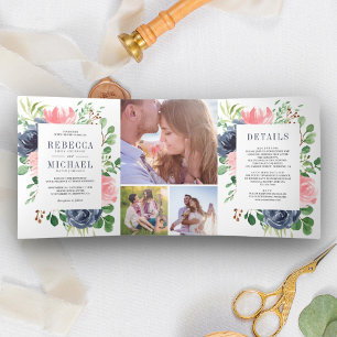 Blush Pink Navy Blue Floral Photo Collage Wedding Tri-Fold Invitation