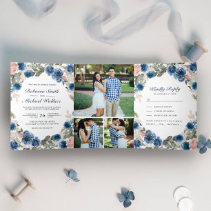 Blush Pink Navy Blue Floral Photo Collage Wedding Tri-Fold Invitation