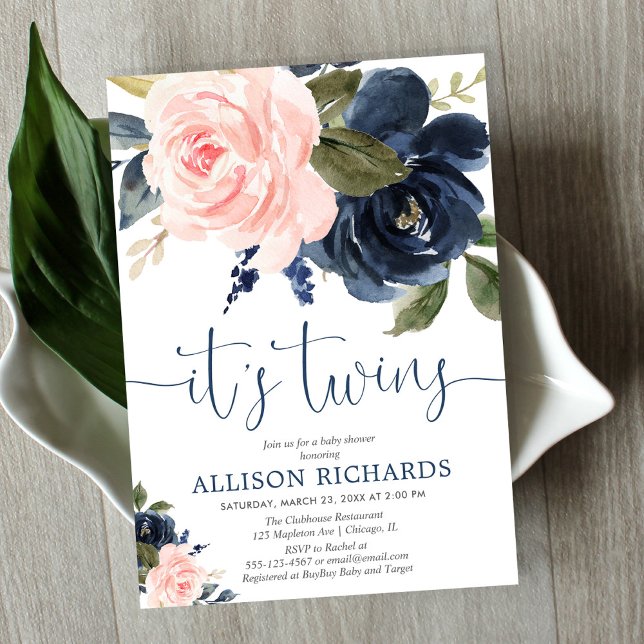 Blush pink navy blue floral Twins baby shower Invitation (Creator Uploaded)