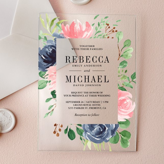 Blush Pink Navy Blue Floral Wedding Acrylic Invitations (Creator Uploaded)