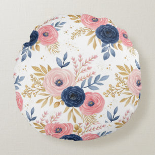 Blush Pink & Navy Blue Floral  Wrapping Paper Round Cushion