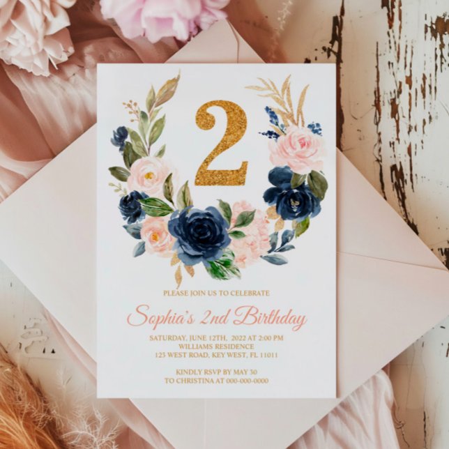 Blush Pink & Navy Blue Floral Wreath 2nd Birthday Invitation (Creator Uploaded)