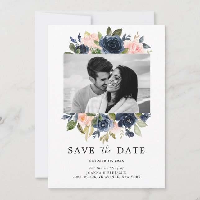 Blush Pink Navy Blue Florals Wedding Photo Save The Date (Front)