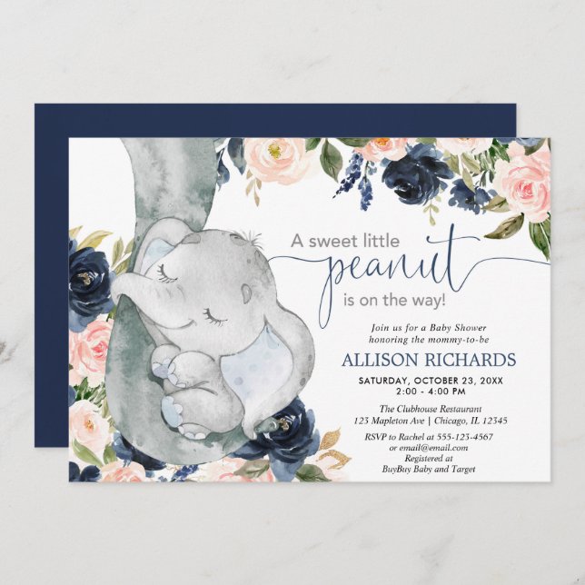 Blush pink navy blue gender neutral elephant baby invitation (Front/Back)