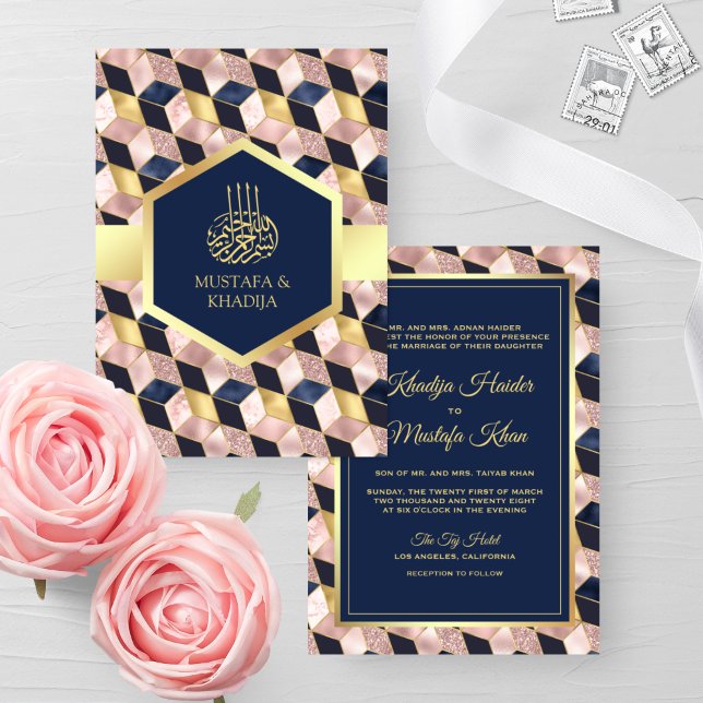 Blush Pink Navy Blue Geometric Muslim Wedding Invitation (Creator Uploaded)
