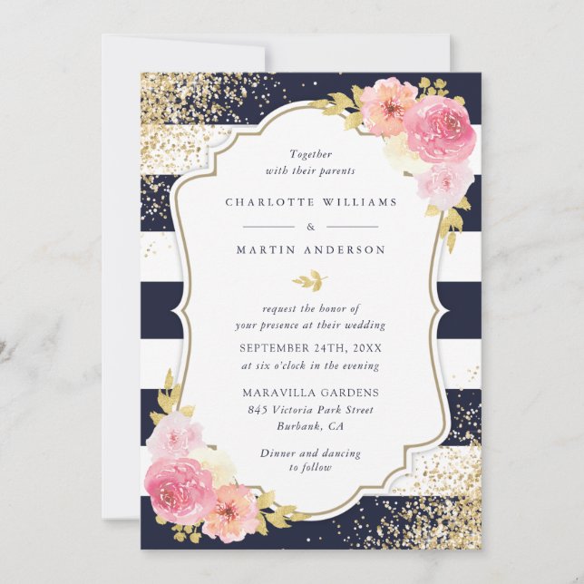 Blush Pink Navy Blue Gold Confetti Floral Wedding Invitation (Front)
