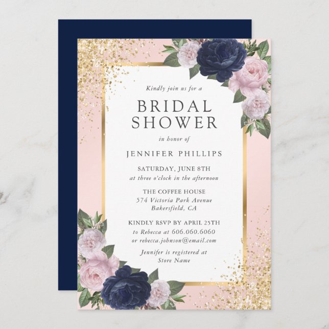Blush Pink Navy Blue Gold Floral Bridal Shower Invitation (Front/Back)