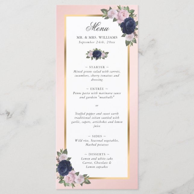 Blush Pink Navy Blue Gold Floral Wedding Menu (Front)