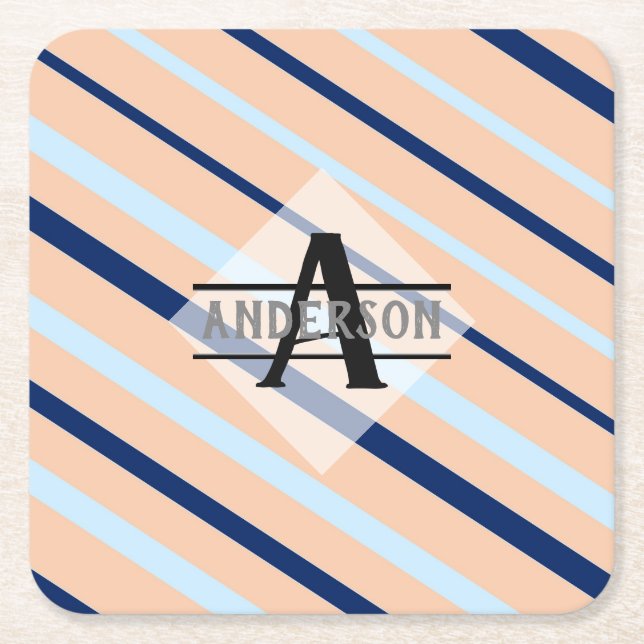 Blush Pink Navy Blue Monogram Square Paper Coaster (Front)