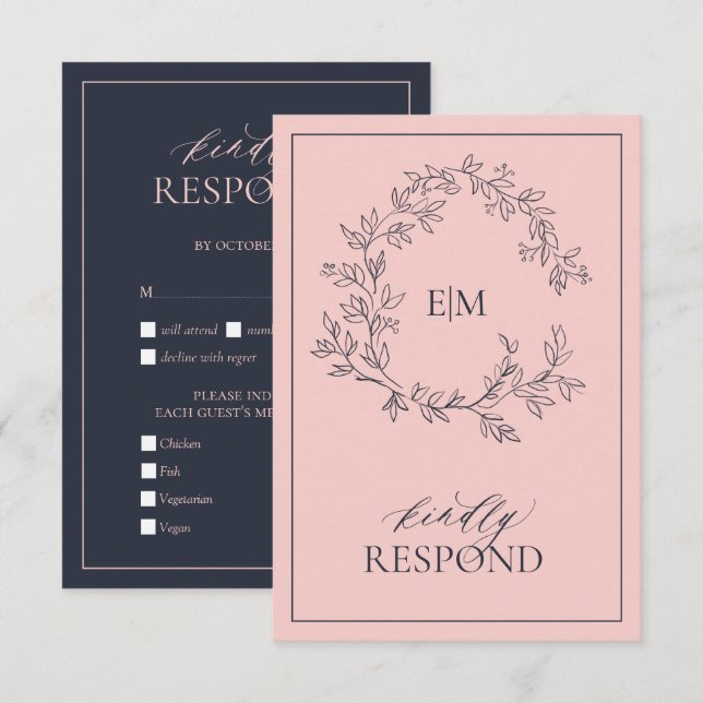 Blush Pink Navy Blue Monogram Wedding RSVP Card (Front/Back)