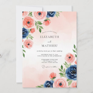 Blush Pink Navy Blue Poetic Watercolor Wedding Invitation