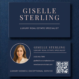 Blush Pink Navy Blue Real Estate Agent QR Code Business Card