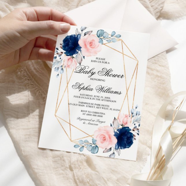 Blush Pink & Navy Blue Rose Baby Shower Invitation (Creator Uploaded)