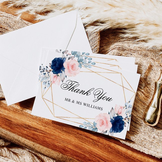 Blush Pink & Navy Blue Rose Wedding Thank You Card (Creator Uploaded)