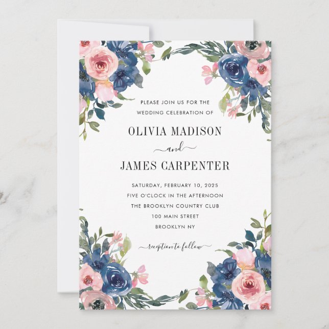 Blush Pink Navy Blue Watercolor Floral Wedding Invitation (Front)