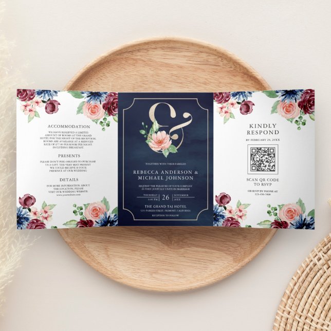 Blush Pink Navy Burgundy Floral QR Code Wedding Tri-Fold Invitation (Creator Uploaded)