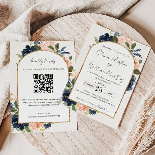 Blush Pink Navy Floral Arch QR Code RSVP Wedding Invitation