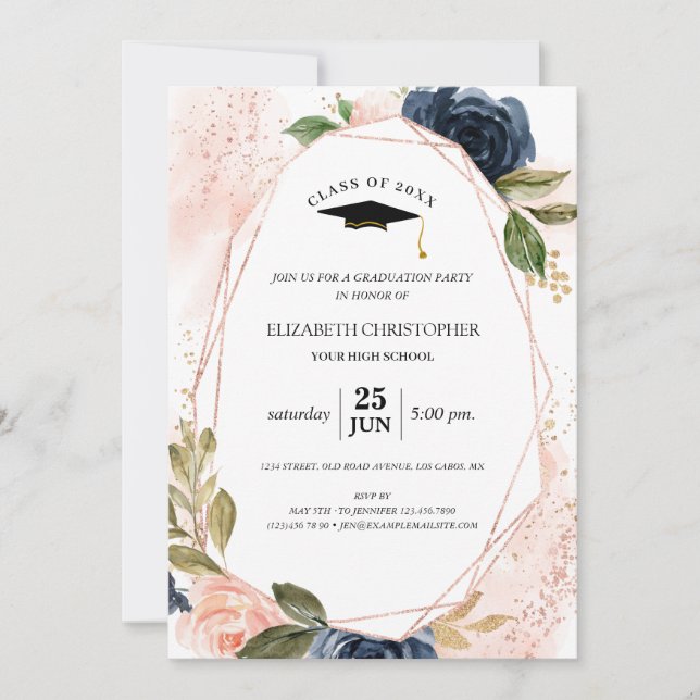 Blush Pink Navy Floral Geometric Frame Graduation Invitation (Front)