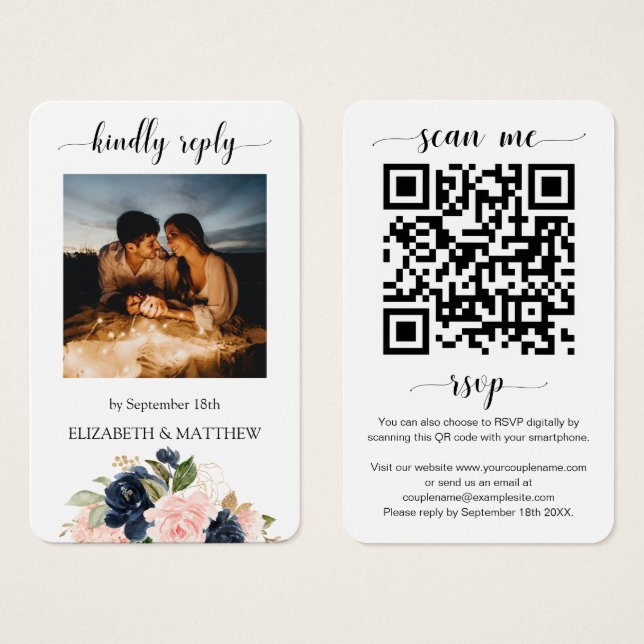 Blush Pink Navy Floral Photo QR Code Scan me RSVP (Front & Back)