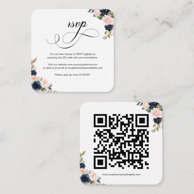 Blush Pink & Navy Floral QR Code Wedding RSVP Card (Front/Back)