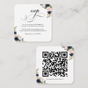 Blush Pink & Navy Floral QR Code Wedding RSVP Card