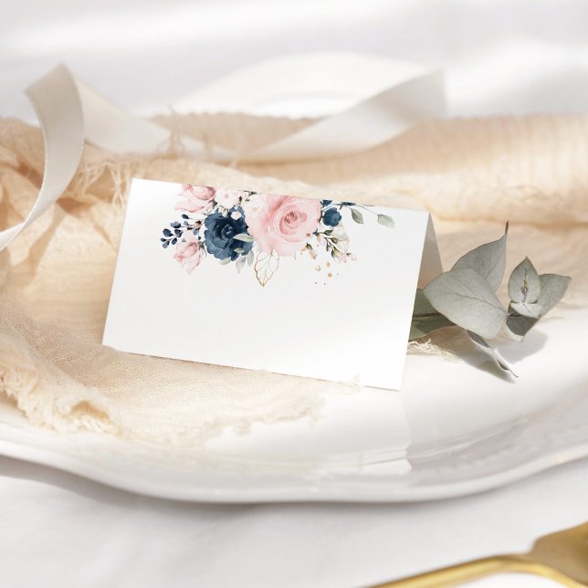Blush pink Navy floral roses wedding Place Card (Creator Uploaded)