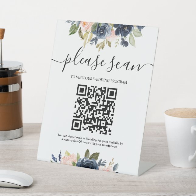 Blush Pink Navy Floral Wedding Program QR Code Ped Pedestal Sign (In SItu)