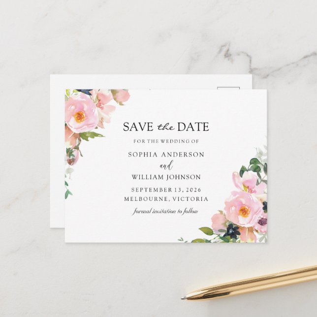 Blush Pink Navy Floral Wedding Save the Date Announcement Postcard (Front/Back In Situ)