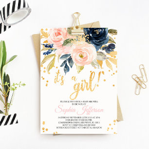 Blush Pink, Navy & Gold Baby Shower Invitation
