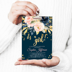 Blush Pink, Navy & Gold Baby Shower Invitation