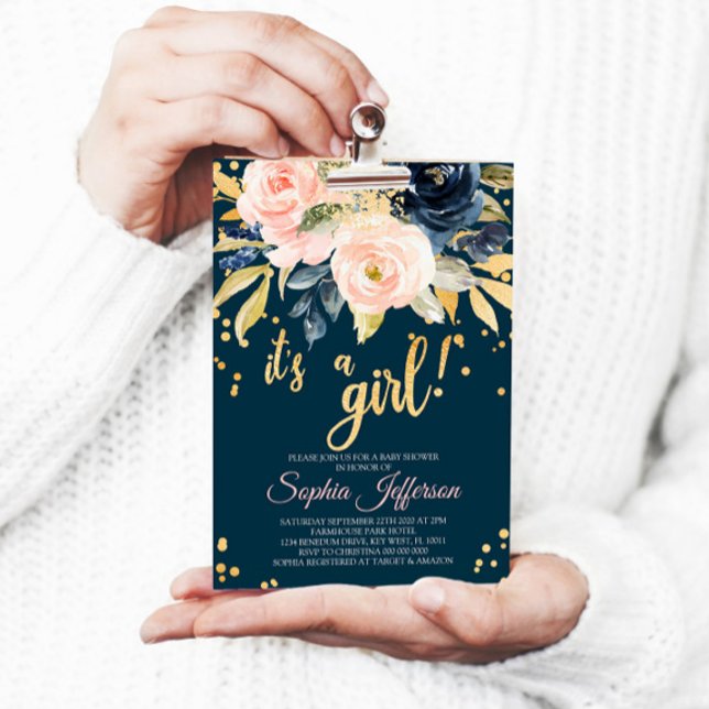 Blush Pink, Navy & Gold Baby Shower Invitation (Creator Uploaded)